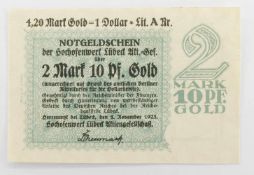 NotgeldscheinHochofenwerk Lübeck AG, 2 Mark 10 Pf. Gold 1923,. ohne KN, Erhaltung II,