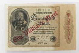 ReichsbanknoteAufdruck Eine Milliarde Mark auf 1000 Mark Banknote, seltene Verwendung,