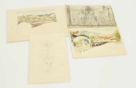 4 Ansichtskarten Entwürfeum 1910-1940, Grafit/ Aquarell