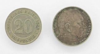 KonvolutDeutsches Reich 20 Pfennig 1888 A u. 2 Mark Hindenburg 1939 D (Verprägung !)