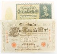 2 GeldscheineDeutsches Reich, 1000 Mark 1910 u. 10.000 Mark 1922