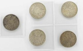 Lot SilbermünzenDeutsches Reich, 1 Mark 1914 A, D/ 1915 A, D, F, grosser Adler, Silbe