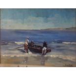 Ivan Sutton Oil On Board 'Launching the Currach'Aran Islands Co.Galway1999.Signed LR and inscribed