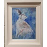 Con Campbell. Born 1949. 'White Hare'. Oil on Board. Framed size 5 x 45 cms approx.