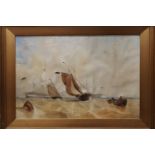 A large Watercolour by E Pyne - Shipping near a harbour mouth, signed.