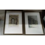 A pair of signed Coloured Etchings on the fabric of architectural buildings. 10 x 14 cm. approx.