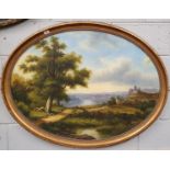 A large Oval Oil on Canvas of a country scene in a gilt and ebonised frame. No signature.