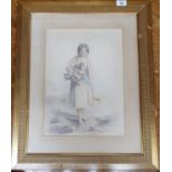 A large 19th Century Pencil and Crayon of a young Colleen with a cockerel under her arm. 36 X 26