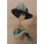 A really nice large early 20th Century Coloured Print of a Lady wearing a hat with a blue plume.