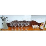 A Silver Plate Claret Jug (H 35cms) along with a Czechoslovakian Coffee Set and wine glasses.