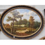 A large Oval Oil on Canvas of a country scene in a gilt and ebonised frame. No signature.