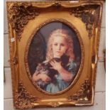 A good Coloured Print of a young Girl with Kittens, Frame AF. 62.5 x 72 cms approx.