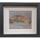 Con Campbell. Born 1949. Oil on Board 'Fox'. Framed size 40 x 35 cms approx.