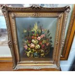 A nice Oil on Board Still Life of flowers with convex glass and gilt frame. Signed indistinct LR.