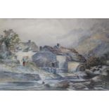 A 19th early 20th Century Watercolour of a Mill with figures at a cottage. 45x30cm