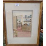 A Watercolour interior scene by Janet Colgan along with two coloured Prints.