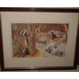 A modern Watercolour of badgers by W.Clarke,signed LR.