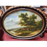 A good large oval Oil On Canvas of a country scene in the 19th Century manner in good ebonised and