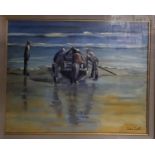 Ivan Sutton Oil On Board 'Launching The Currach',Aran Islands Co.Galway, 1998.Signed LR and