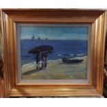 A large Oil On Board by Ivan Sutton 'Beeching the Currach' Aran Islands(Inis Mór) Co.Galway.Signed