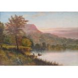 A large 19th Century Oil on Canvas of a Lake scene by J Danson. Signed LL. 76x53cm