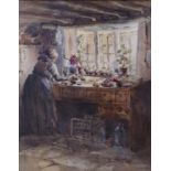 A lovely 19th Century Watercolour of an elderly Woman washing vegetables in an interior setting.