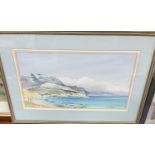 A 20th Century Watercolour of the sea shore with sailing ships signed LR 43 x 21 cms.