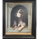 An Oil On Board of hounds in a kennel in an ebonised frame with gilt fillet, by Desmond Snee