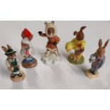 Five Royal Doulton Bunnykins Figures. Groom, Easter Parade, Astro, School days and Eskimo.