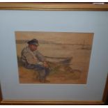 A Pencil and Watercolour of a Fisherman. Signed S Williams LR. 26 x 22 cm