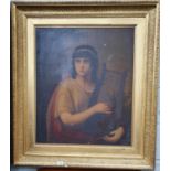 A large 19th Century Oil on Canvas of a young Greek Boy playing a lute. In a lovely original gilt