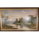 A large 19th Century oil on Canvas of a river scene. (unframed).