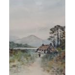 An early 20th Century Watercolour of an Old Woman walking towards a cottage with mountains in the