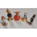 Five Royal Doulton Bunnykins Figures.School Days, Seaside, Halloween, Fireman along with Bedtime.