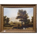 A 20th Century Oil on Board of a country scene. Indistinctly signed LR. In a gilt frame. 66 x 50 cms