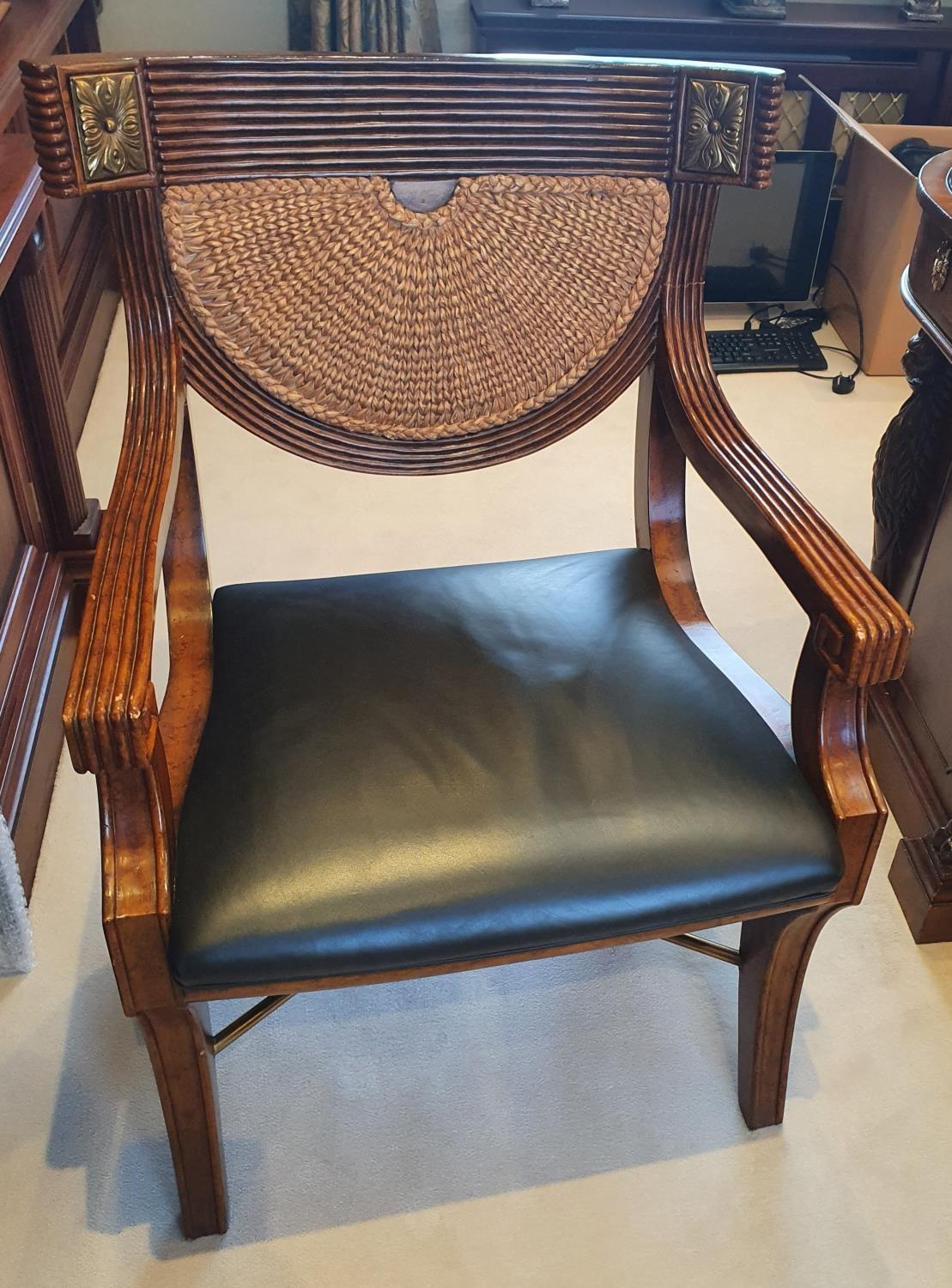 A Superb Regency style reeded Office Armchair with rush back and black leather seat.