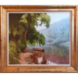 Michael James Smith. Modern British, Oil on Canvas, wooded landscape with rowing boats. Signed lower