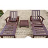 A good pair of heavy Timber Loungers with Table.