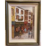 Tom Cullen. Irish 1934 - 2001. Oil on Canvas of a Dublin street scene. Signed lower left. 49 x 34