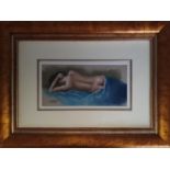 A Pastel of a Nude Female lying on a bed. By Xing. 28 x 13 cms approx. Kings Gallery label verso.