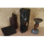 A group of African Hardwood Items to include a carved wood block.