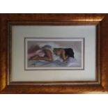 A Pastel of a Nude Female lying on a bed. By Xing. 28 x 13 cms approx. Kings Gallery label verso.