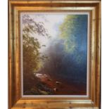 Michael James Smith, modern British. Oil on Canvas, wooded landscape with running water. Signed