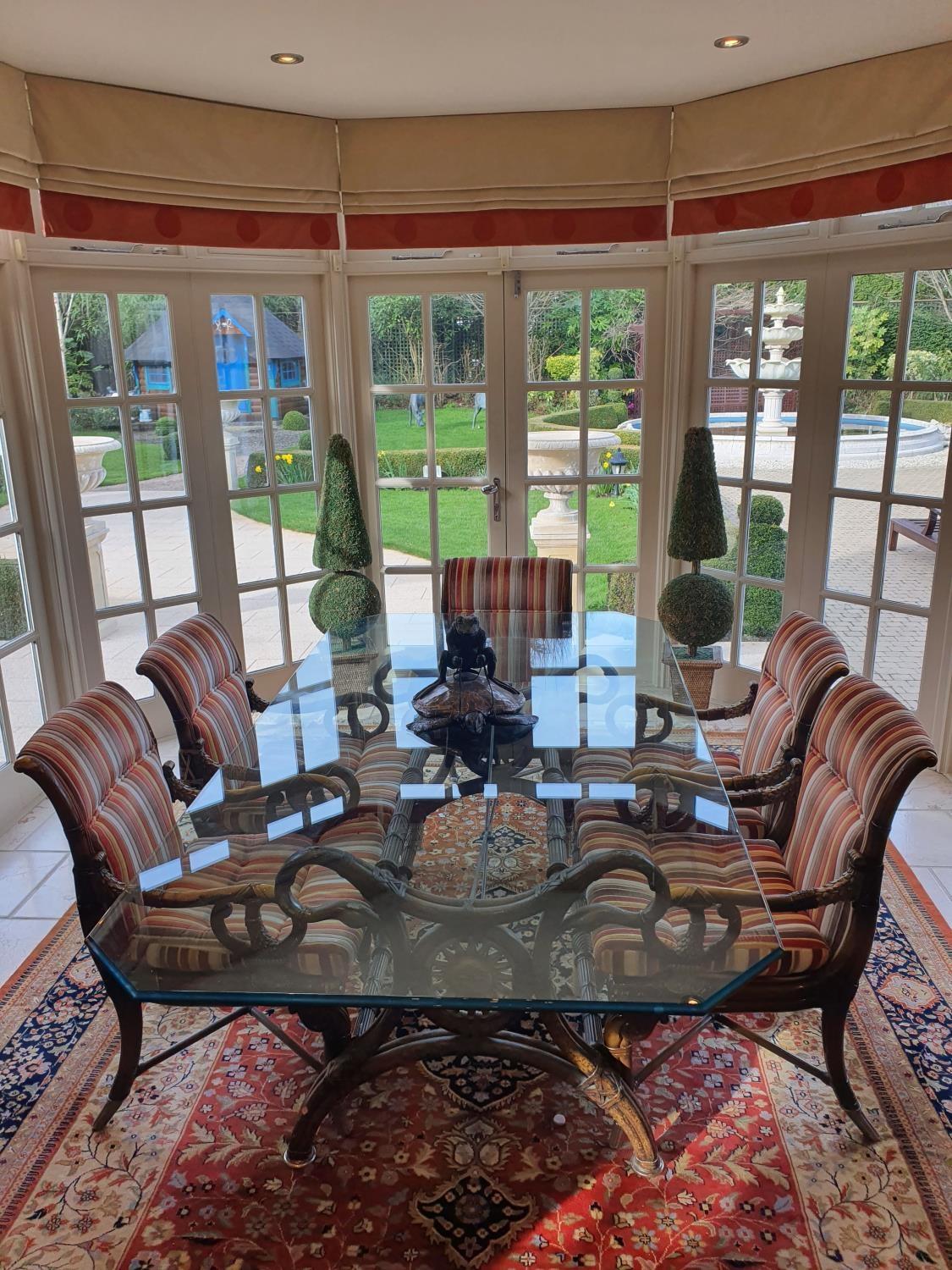 A large Conservatory Table and Chairs. The Chairs with a scroll arm, bamboo effect, upholstered back - Image 2 of 2