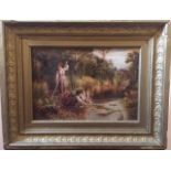 19th Century British School Mother and two boys in a punt on a pond collecting lilies, Oil on
