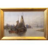 Edwin Hayes R.I. RHA 1819 - 1904 Boats moored on the Thames at evening, Watercolor. 28 x 46 cm.