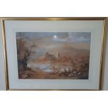 English School 19th Century Watercolour. Study of a lake with a ruined Castle. Unsigned. 43 x 65 cm.