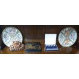 Two Oriental Plates, a Stone Sculpture, six Silver Spoons and an Oriental Box.