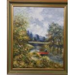A 20th Century Oil on Canvas of a river scene with a fisherman in his boat. 64 x 54 cm approx.