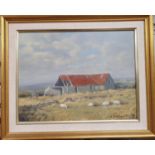 A 20th Century Oil on Board of sheep beside a shed. 27 x 35 cm approx.